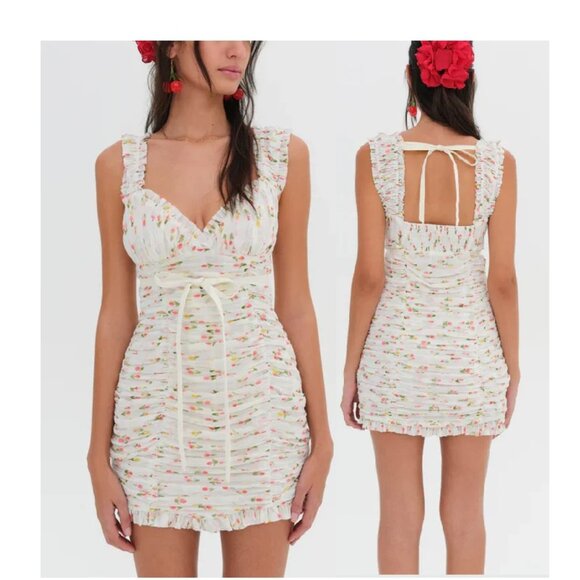 NEW FOR LOVE AND LEMONS ELODIE WHITE RUCHED MINI DRESS WITH FLORAL PRINT SIZE S - Picture 1 of 10